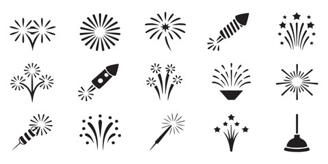 Fireworks and rocket icon collection, pyrotechnic explosion, celebration graphic, festive event symbols. © MONSUR.99