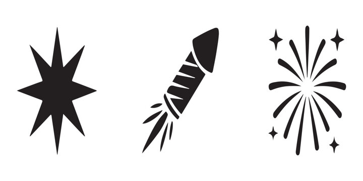 Sparkle and festive firework rocket vector illustration set for celebratory events and holiday party decorations.