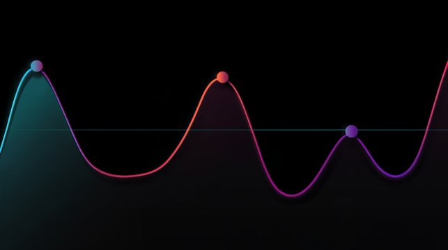 Futuristic abstract glowing neon line graph charting data nodes on dark wave background for business technology and analytics.