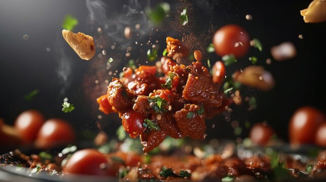 Tikka masala floating in the air, tomatoes and spices orbiting the plate. generative ai