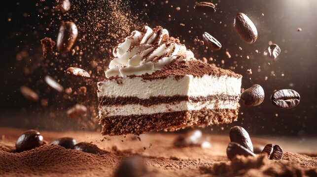 tiramisu floating in the air, coffee splashes, and cocoa powder particles generative ai