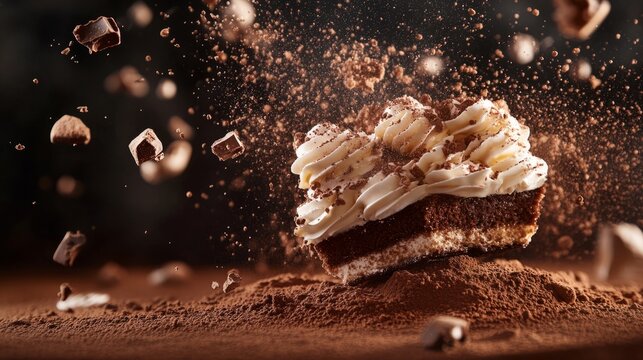 tiramisu floating in the air, coffee splashes, and cocoa powder particles generative ai