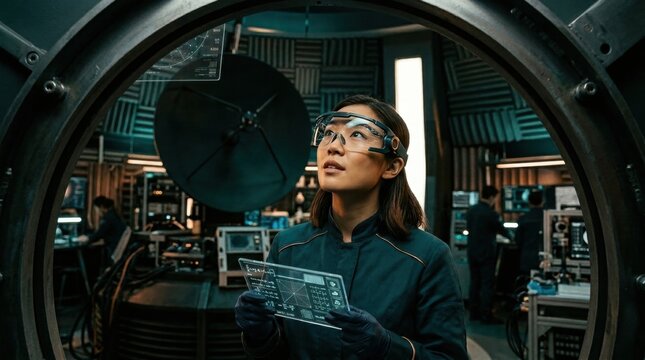 Asian systems researcher in transparent digital goggles holds an analytical panel within a circular acoustic chamber, linking signal measurement, antenna calibration, and engineering discovery