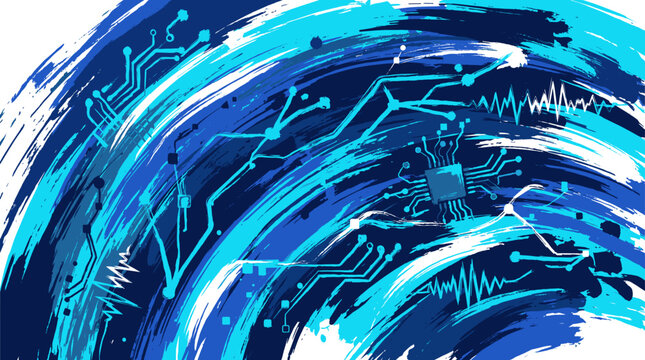 Abstract digital art depicting interconnected circuits and data streams in vibrant blue hues, symbolizing technology and information flow.
