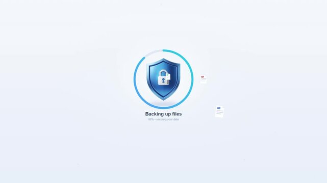 Data backup with shield and padlock icon securing files progress on clean white background