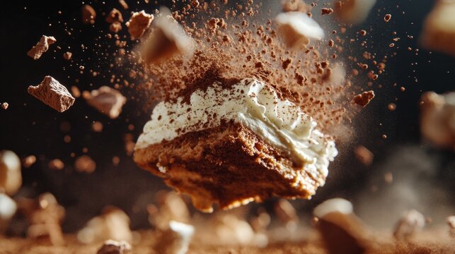 tiramisu floating in the air, coffee splashes, and cocoa powder particles generative ai