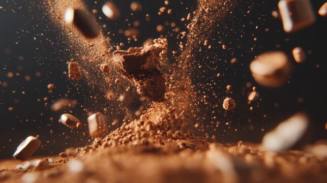 tiramisu floating in the air, coffee splashes, and cocoa powder particles generative ai