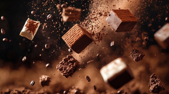 tiramisu floating in the air, coffee splashes, and cocoa powder particles generative ai
