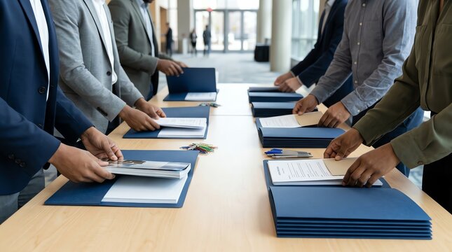 Hands meticulously organizing business materials into blue folders at a professional event, showcasing preparation and attention to detail