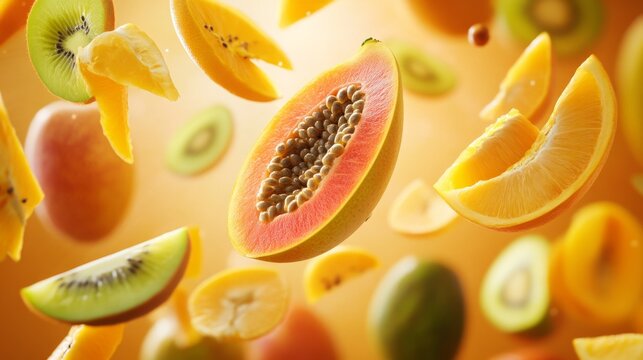 Colombian tropical fruits floating in the air, vibrant slices generative ai
