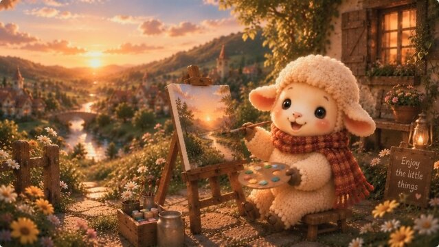 夕暮れの風景を描く羊｜絵本のような秋のアートイラスト