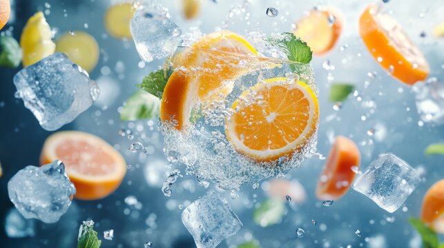 Tropical cocktail ingredients floating in the air, citrus slices, and ice cubes. generative ai