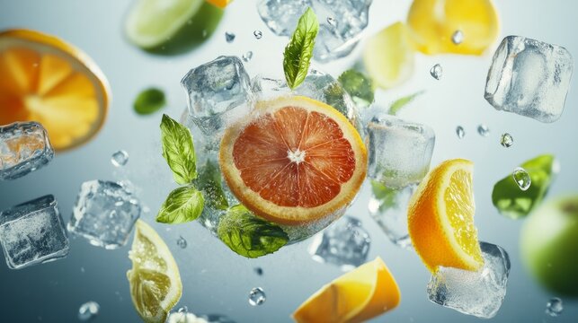Tropical cocktail ingredients floating in the air, citrus slices, and ice cubes. generative ai