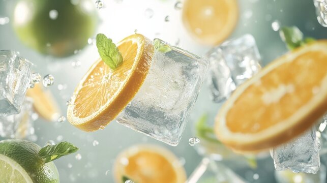 Tropical cocktail ingredients floating in the air, citrus slices, and ice cubes. generative ai