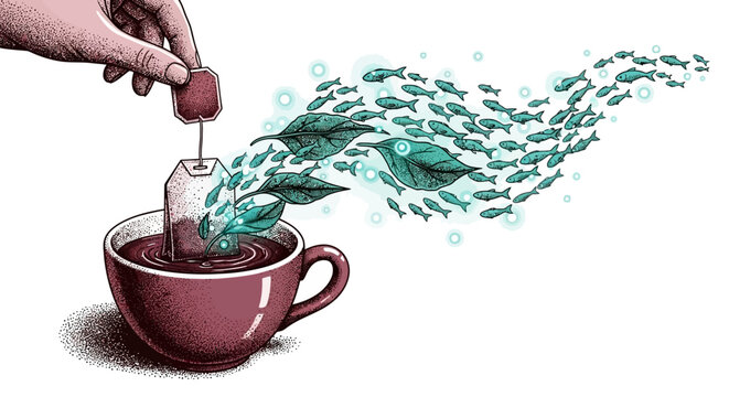 Surreal Tea Bag and Fish Vector Illustration