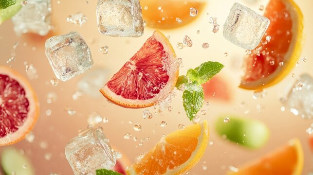 Tropical cocktail ingredients floating in the air, citrus slices, and ice cubes. generative ai