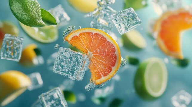 Tropical cocktail ingredients floating in the air, citrus slices, and ice cubes. generative ai