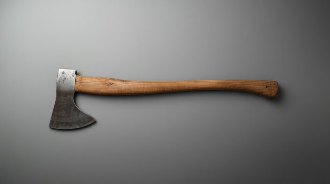 Single Handled Axe with Wooden Handle and Metal Blade on Gray Background.