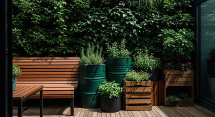 Fototapeta premium Serene Urban Balcony Garden Oasis With Lush Greenery And Seating