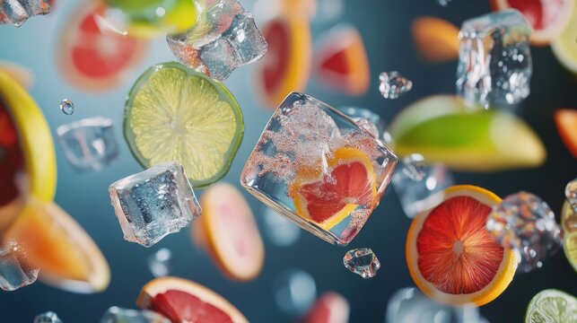 Tropical cocktail ingredients floating in the air, citrus slices, and ice cubes. generative ai