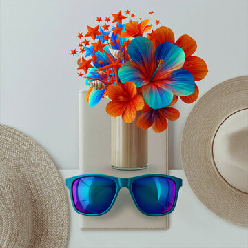 Colorful Summer Beach Still Life with Sunglasses and Flowers