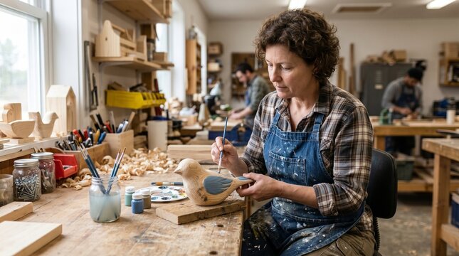 Person painting handmade wooden object artisan craft DIY workshop creativity hobby woodwork detail scene indoor.