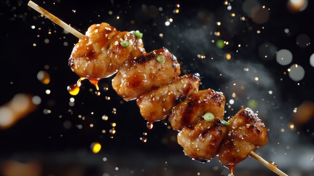 yakitori skewers floating in the air, generative ai