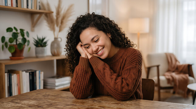 Peaceful Young Woman Resting Head on Hand at Home in Quiet Reflection with Cozy Interior and Relaxed Lifestyle