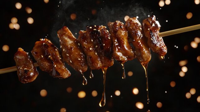 yakitori skewers floating in the air, generative ai