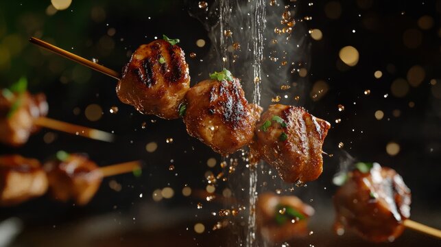 yakitori skewers floating in the air, generative ai