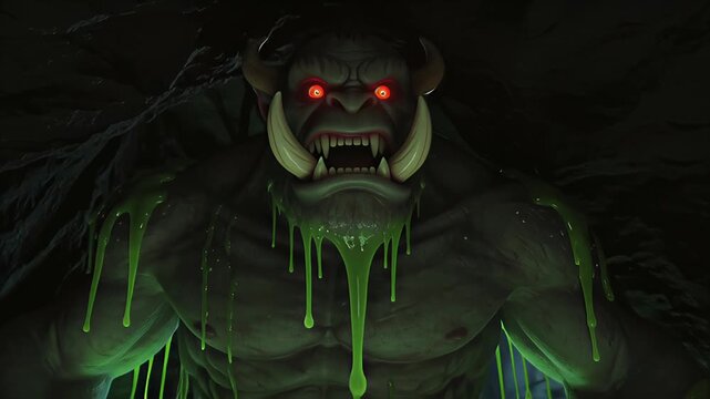 Fearsome Orc Monster Emerging From Toxic Green Slime Swamp.
