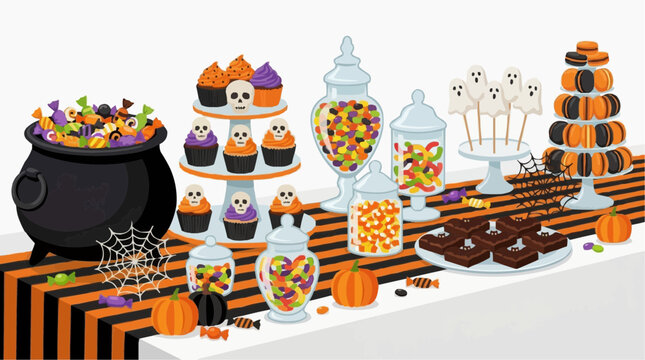 A festive Halloween candy buffet with a variety of treats including cupcakes, marshmallows, and candies, all arranged on a black and orange striped runner