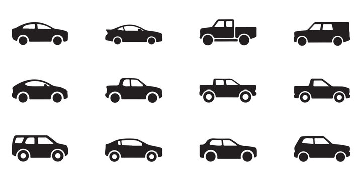 Variety of car type icons in black silhouette. collection depicting different vehicle models from compact to suv.