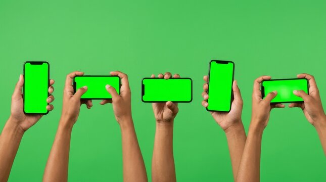 Studio shot of hand shows mobile smartphone with green screen in vertical position isolated on background. Mock up mobile for Infographic Global Business web site design app, - Clipping Path
