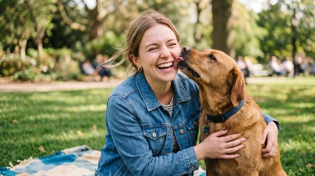 Person smiling as dog licks face joyful pet affection playful bonding happiness lifestyle candid indoor moment.
