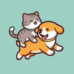 Fototapeta premium This delightful illustration shows a playful cat riding on a cheerful dog, symbolizing friendship and fun between pets in a whimsical and colorful style.