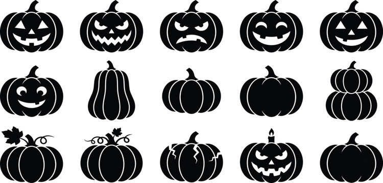 Set of black halloween pumpkin silhouettes with scary and funny faces showing various expressions for autumn holiday design decorations and seasonal creative projects for party invitations and flyers