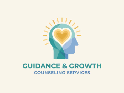 This logo design features a head silhouette with a heart shape representing guidance, emphasizing mental health and emotional growth in counseling services.