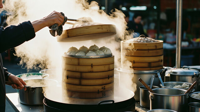 Bamboo Steamer Stack Dumplings Steam Chinese Street Food Dim Sum
