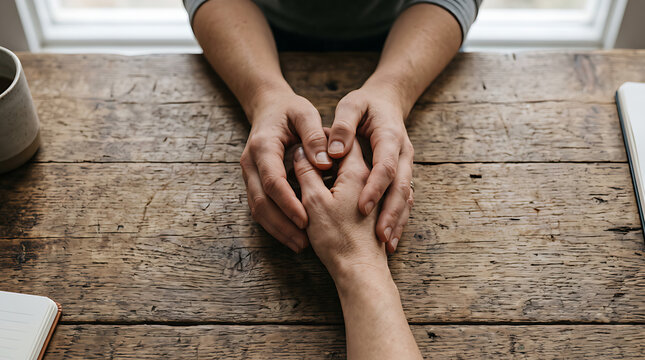 Hands Holding in Comfort and Support Across Wooden Table Symbolizing Trust, Compassion, Empathy and Emotional Care