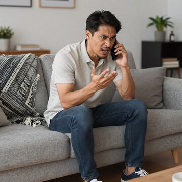 Ukiyo-E Hispanic Upset. A Hispanic Man Sitting On The Sofa In A Living Room, Angrily Complaining About Poor Service To Someone On His Smartphone