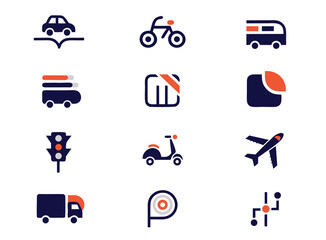 Fototapeta premium Flat Vector Icon Set of Transport and Travel Modes in Minimalist Style
