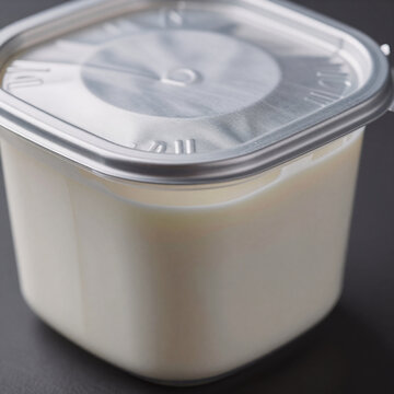 Futurist Plastic Utensil. A Plastic Container With A Foil Lid For Storing Dairy Products