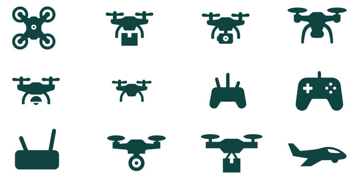 Dark green drone including quadcopters, controllers, and accessories, on white background, drones