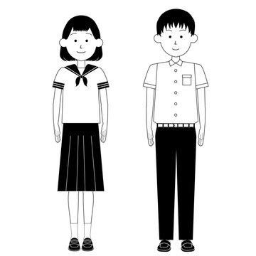 春夏用のセーラー服・学生服などの制服を着た10代の女の子と男の子_全身イラスト_白黒