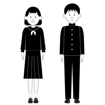 セーラー服や学生服などの制服を着た10代の女の子と男の子_全身イラスト_白黒