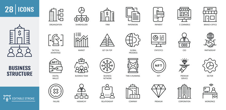 Business Structure icon set. including organization chart, corporate building, hierarchy, global network. editable stroke. vector illustration