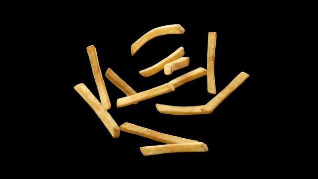 A dynamic 3D food render of golden crispy french fries floating and tumbling in mid-air against a dark black backdrop. Perfect for fast food commercials, restaurant menu graphics, snack delivery app b