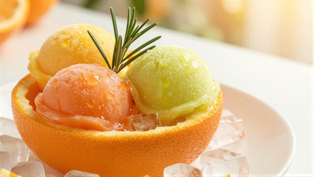 Colorful sorbets in an orange half, garnished with rosemary and ice cubes.