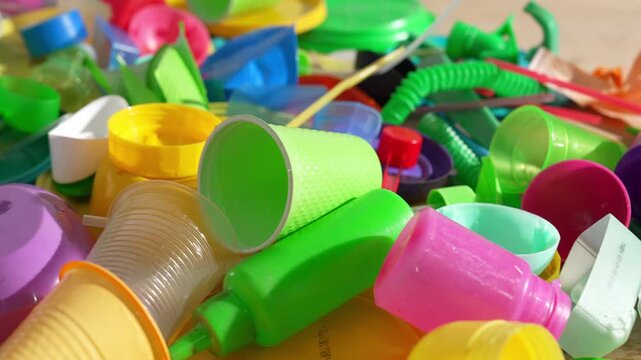 Plastic waste. Disposable tableware, broken plastic toys, food packaging, shopping bags